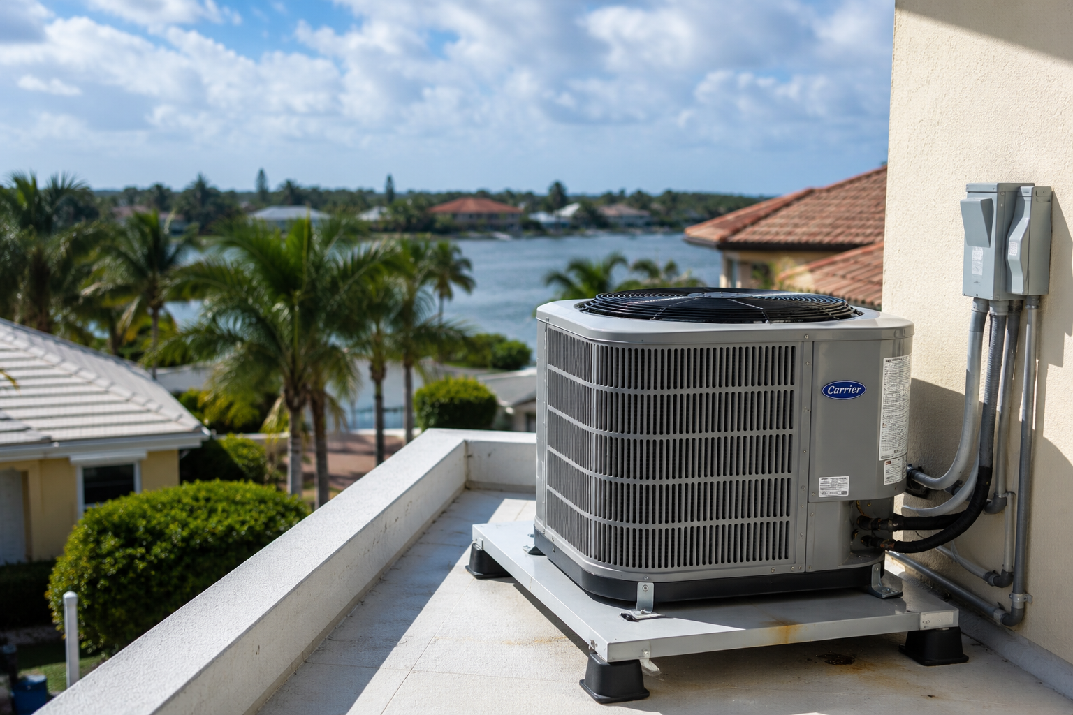 AC Service Areas - Saint Cloud, FL | Residential air conditioning unit overlooking a Florida neighborhood with palm trees and waterfront homes in Central Florida
