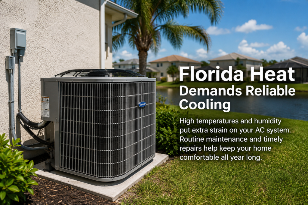 Residential AC condenser unit outside a Florida home near a lake with palm trees and bright sunny weather in Saint Cloud, FL.