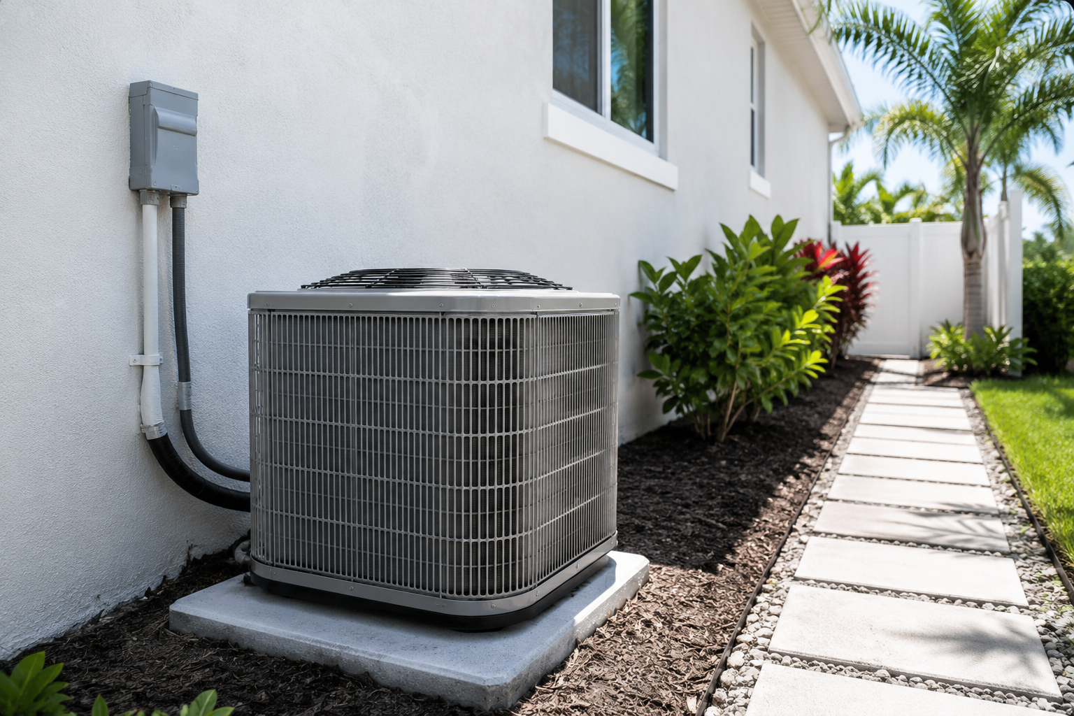 Modern residential AC unit beside a Florida home with tropical landscaping