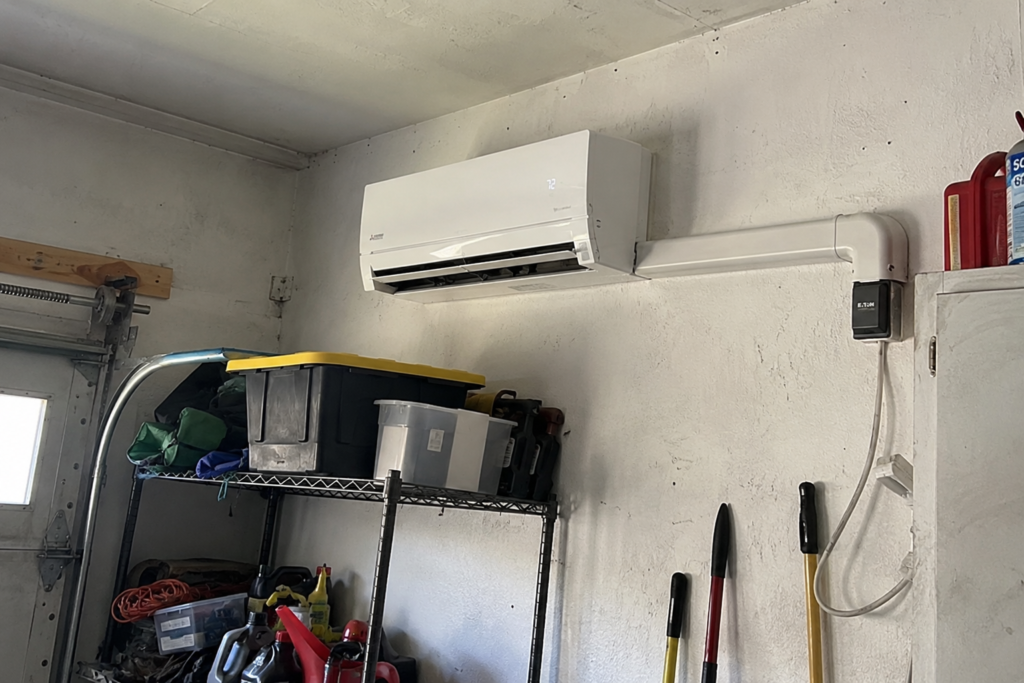 Mini split installation air conditioning system installed inside a residential Florida garage