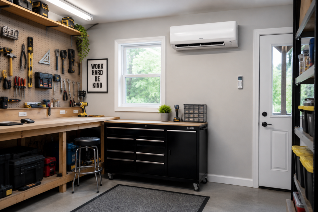 Garage workshop with wall-mounted mini split AC system in Saint Cloud Florida